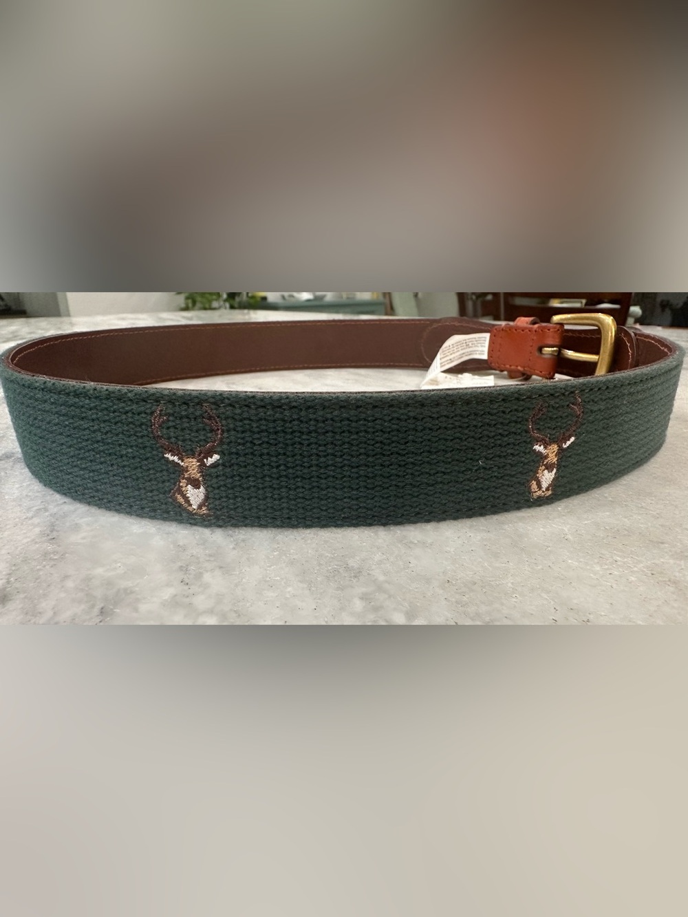 NWT J.Crew dark green canvas belt with embroidered deer and leather trim
